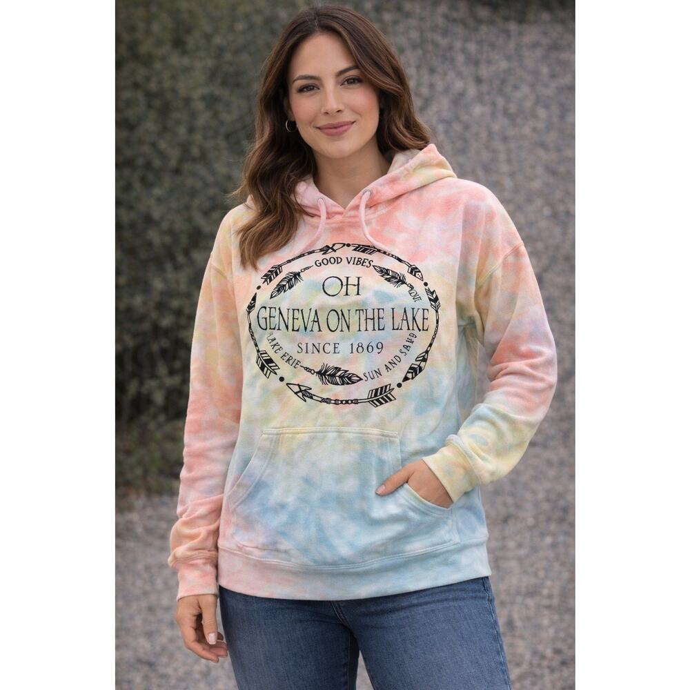 Women’s Hoodie Geneva On The Lake Ohio GOTL Souvenir Sweatshirt Tie Dye Size M